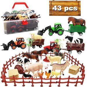 3 Pack Farm Toy Tractor with 40pcs Plastic Animals Figurines and Fence Playset
